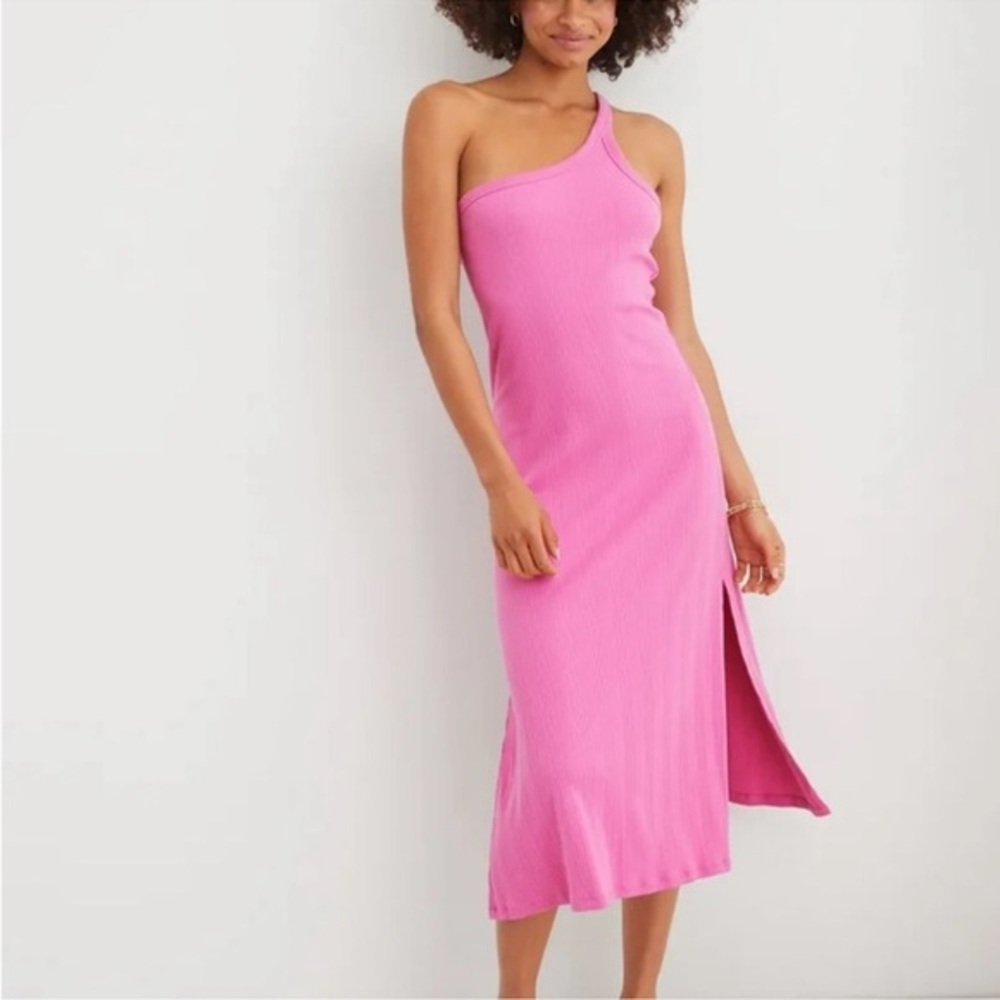 Aerie One Shoulder Ribbed Pink Dress Stretch Size M